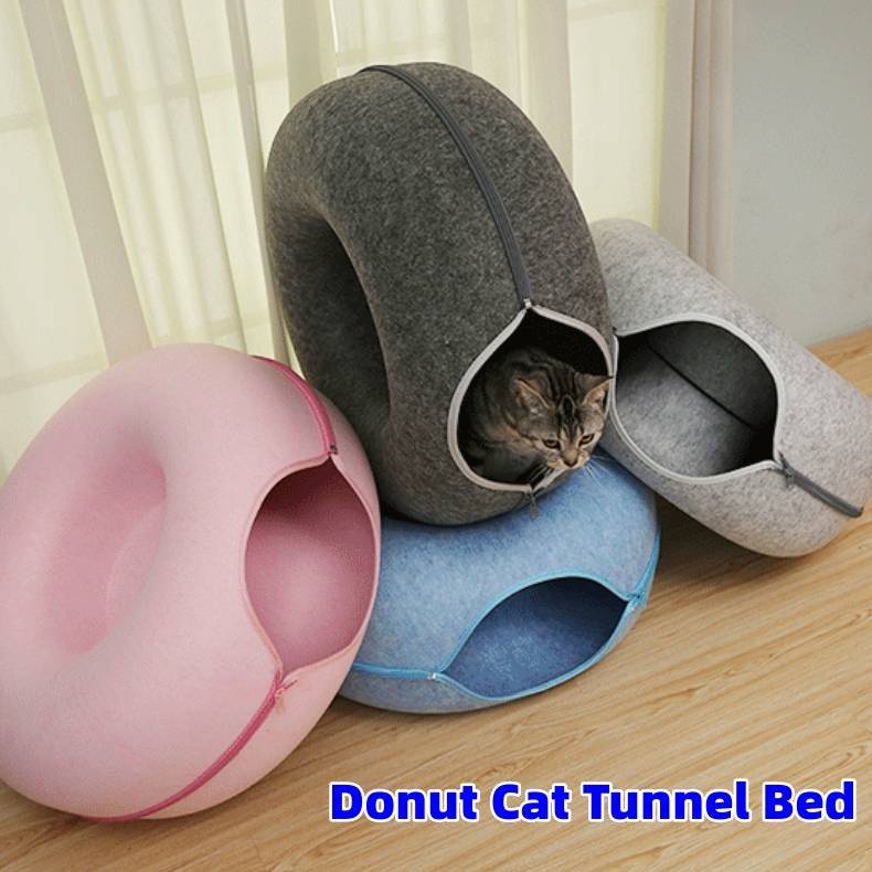 Donut Cat Tunnel Bed – Felt Cave House & Play Toy Combo